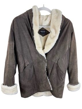 Pelle Vintage Brown Suede Leather Hooded Faux Fur Trim Jacket Womens Size Large